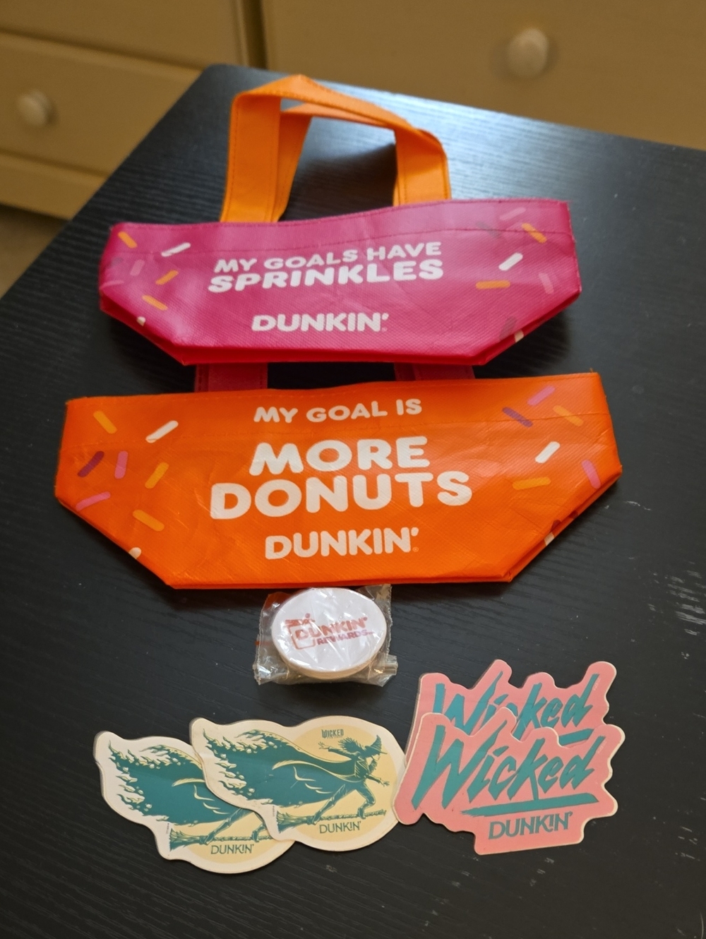 Bundle Of Dunkin Reusable Donut Tote Set in Pink & Orange Stickers, Phone Holder